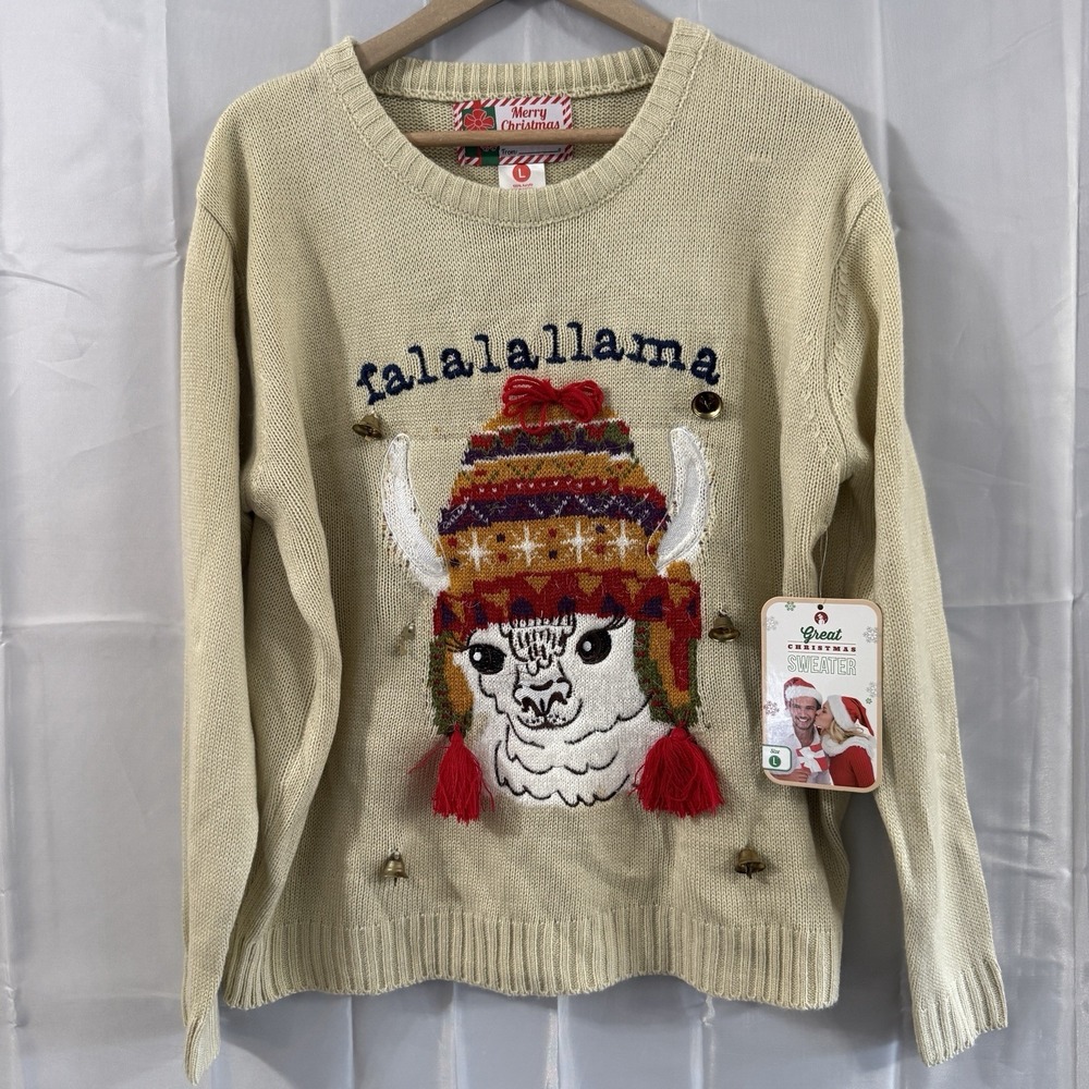 Ugly Christmas Sweater Womens L Fa La La Llama 3D Bells Beige Beanie Hat New Tag